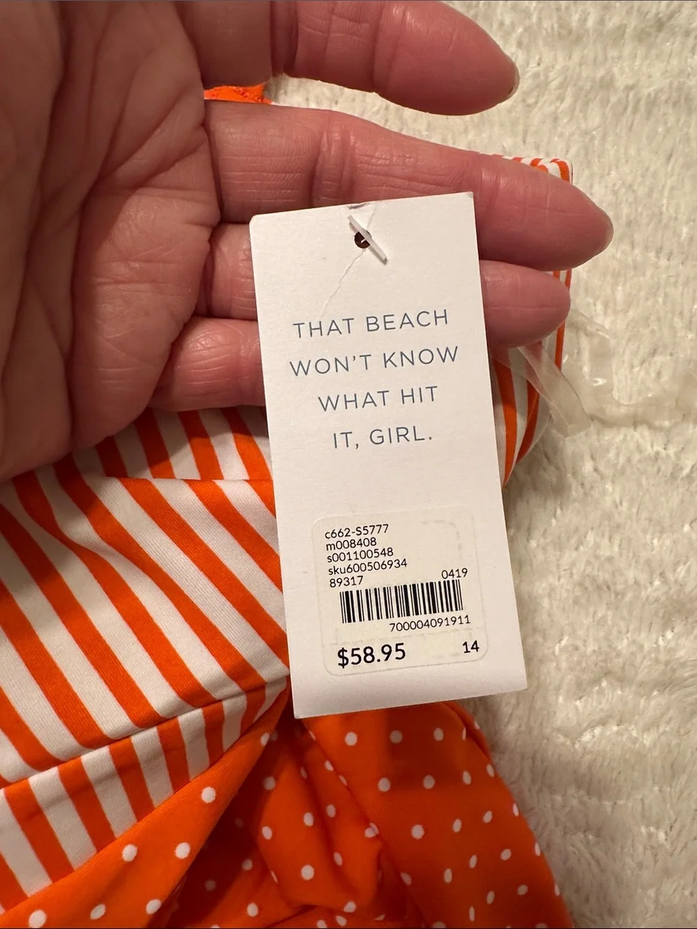 New With Tags Cacique Orange and White Polka Dot & Stripe Tankini Top Size 14